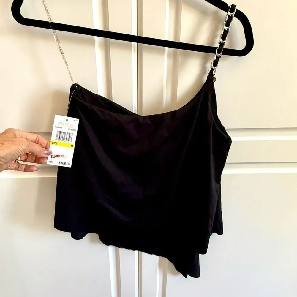NWT Michael Kors asymmetrical black one shoulder chain bikini top Size M